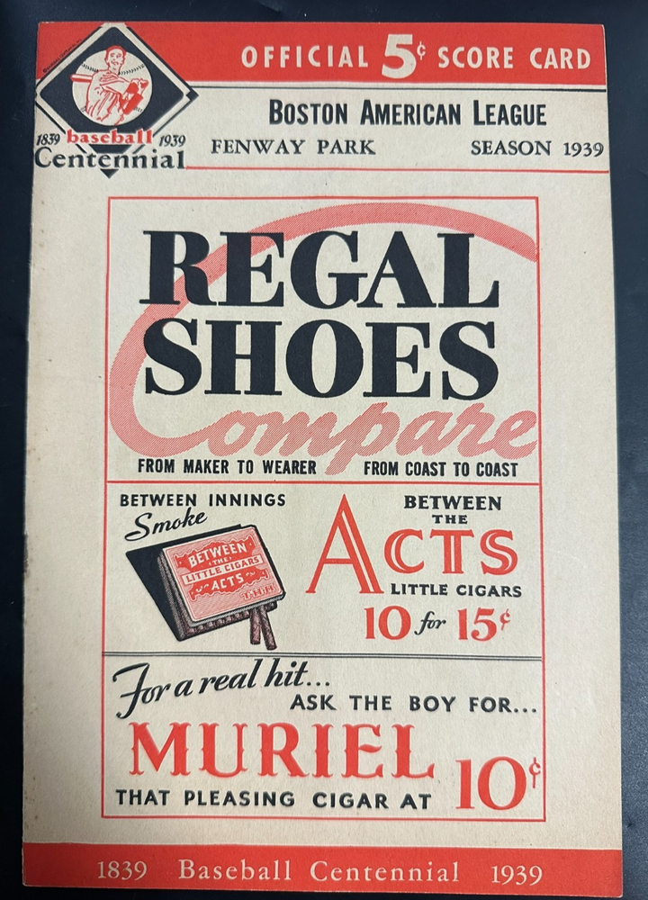 May 27, 1939 Boston Red Sox & Washington Senators Program Foxx HR Grove CG
