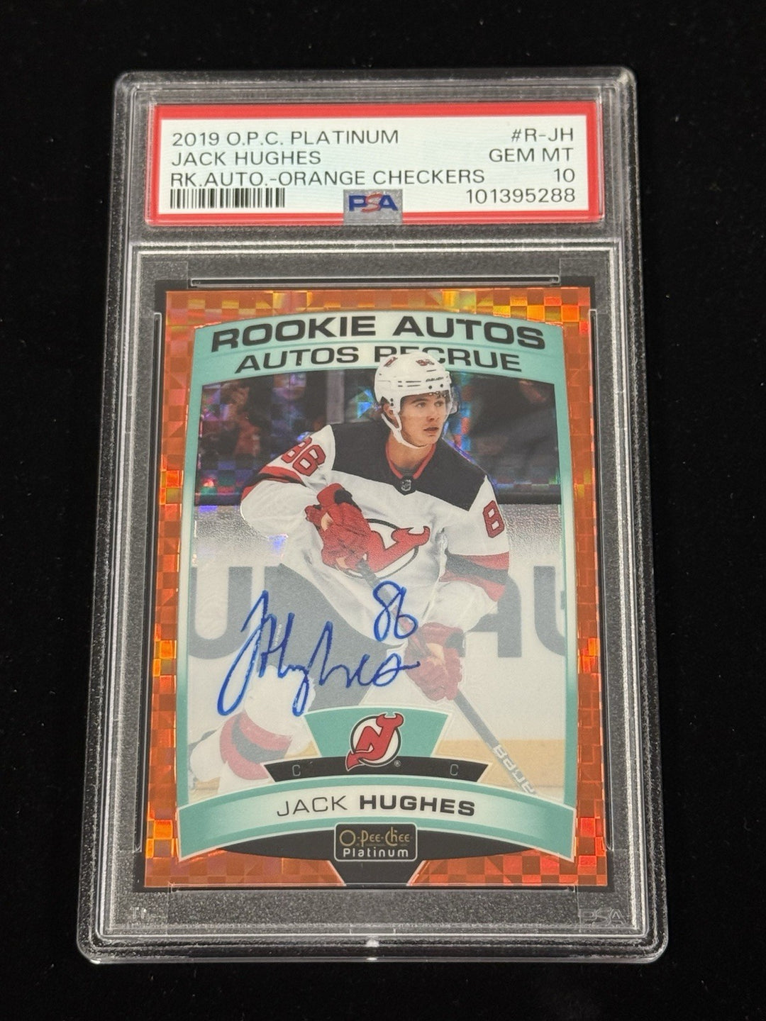 2019 Jack Hughes OPC Platinum Rookie Auto Orange Checkers /15 PSA 10 On Card