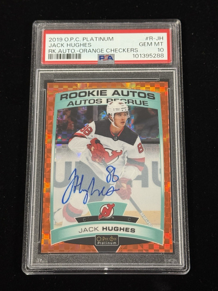 2019 Jack Hughes OPC Platinum Rookie Auto Orange Checkers /15 PSA 10 On Card