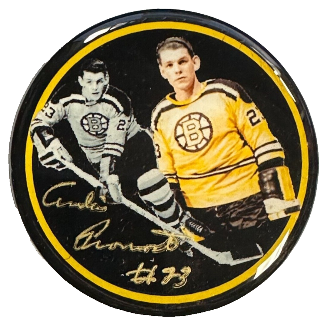 Andre Pronovost Autographed Boston Bruins Photo Puck NHL
