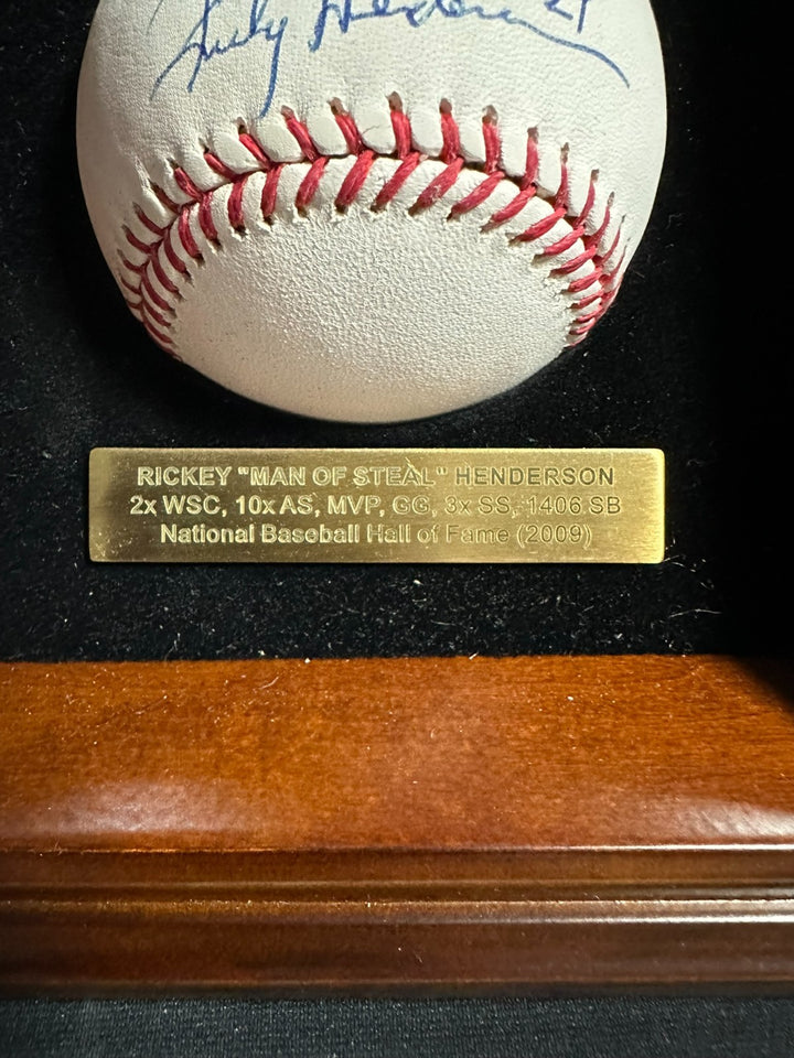 Rickey Henderson Autographed OML Baseball & Custom Wooden Display Case PSA
