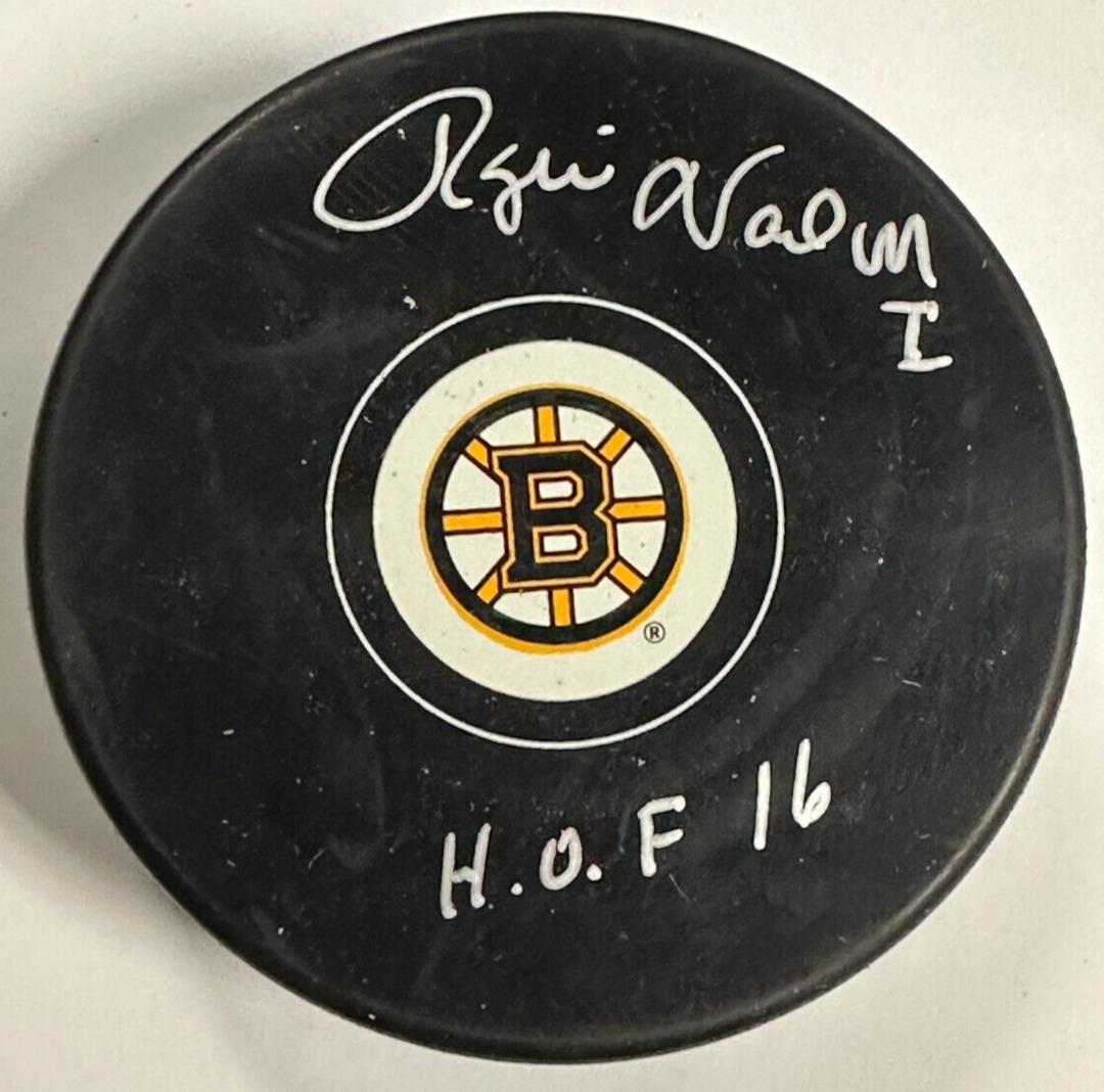 Rogie Vachon Autographed Boston Bruins Hockey Puck W/ HOF 16 BAS