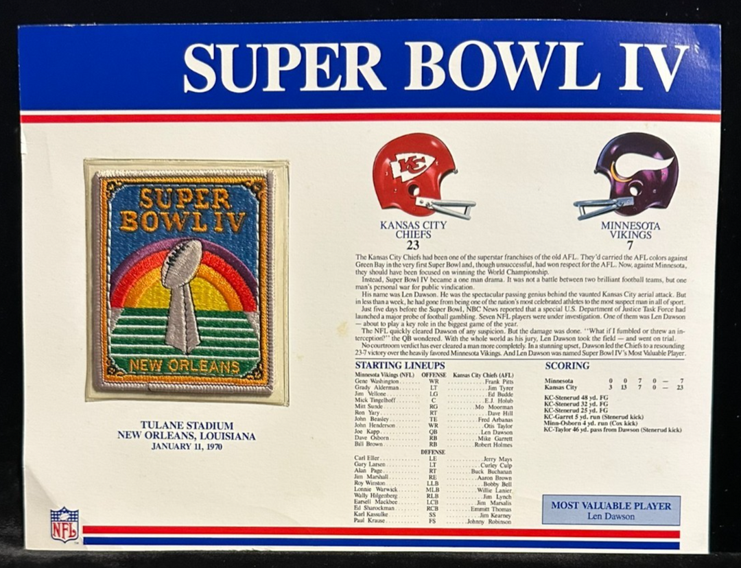 NFL Super Bowl Patch Willabee & Ward Collection SB IV Chiefs vs Vikings