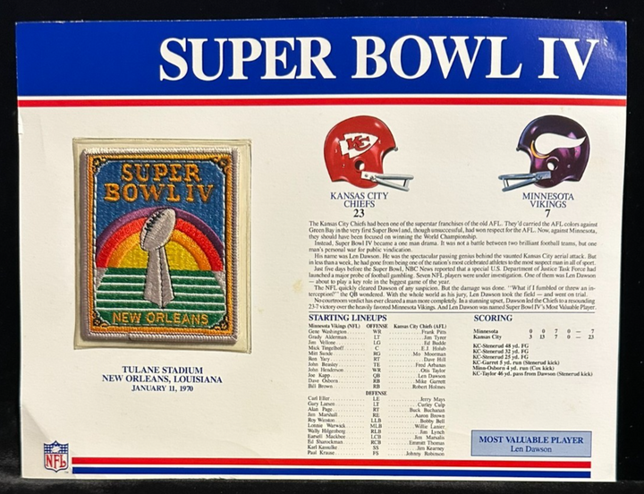 NFL Super Bowl Patch Willabee & Ward Collection SB IV Chiefs vs Vikings