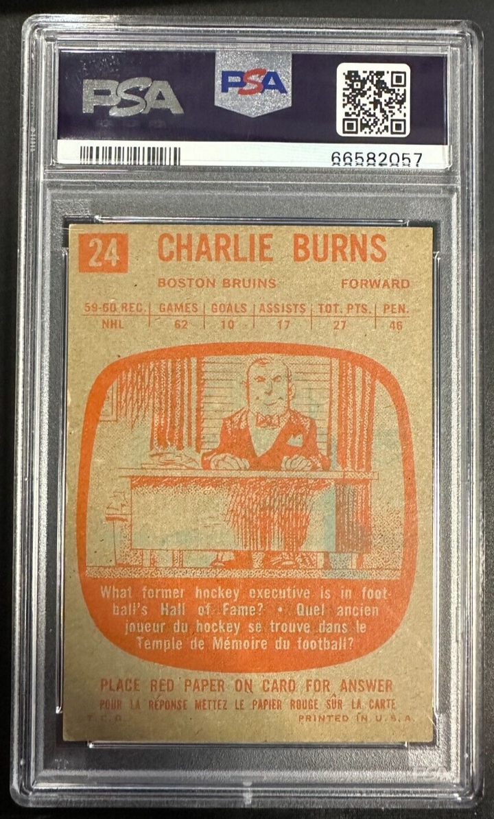 1960-61 Topps Charlie Burns Autographed Card W/ 1st Helmet Insc PSA 6 & Auto 10