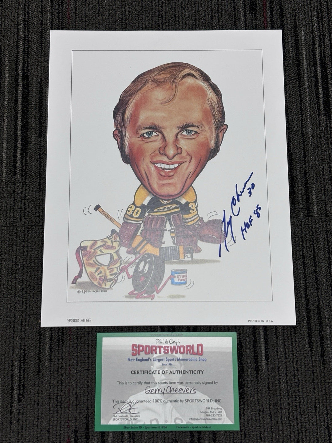 Gerry Cheevers 11x14 Signed HOF Inscription Sporticatures Print Sportsworld COA