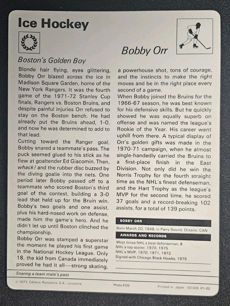 1977 Sportscasters Series 01 Lausanne Printed in Japan Bobby Orr #01-02 HOF