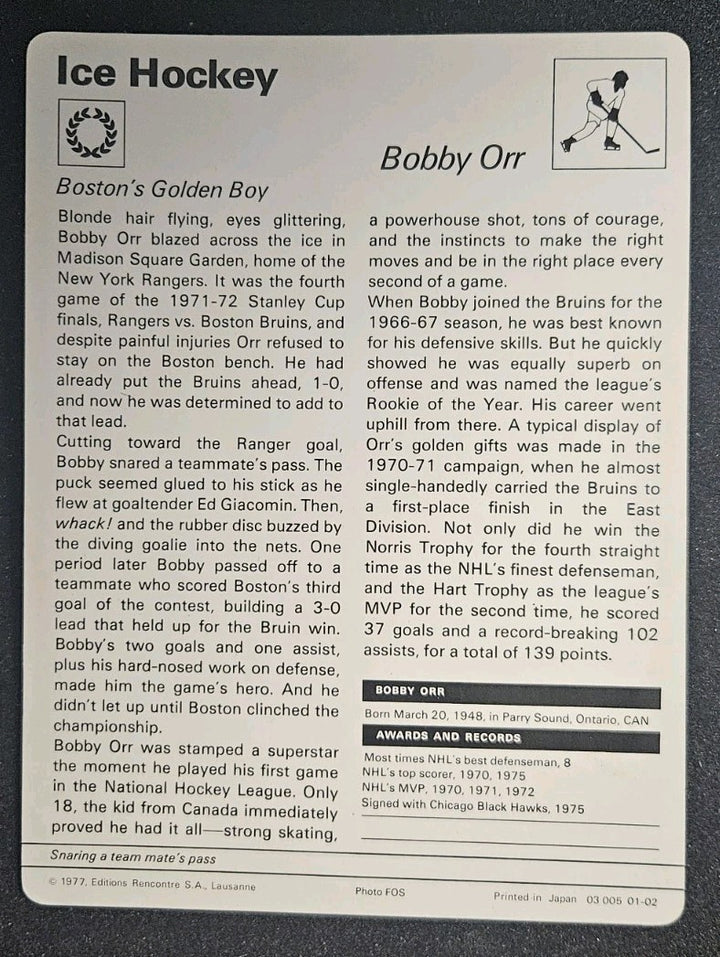 1977 Sportscasters Series 01 Lausanne Printed in Japan Bobby Orr #01-02 HOF