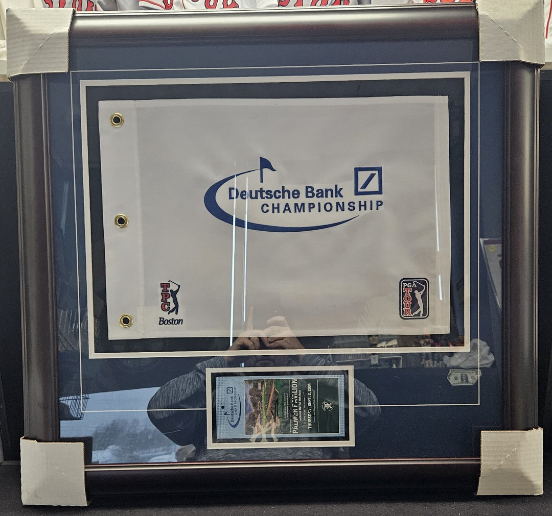Vijay Singh Signed Framed 2004 Deutsche Bank Ticket And Replica Pin Hole Flag