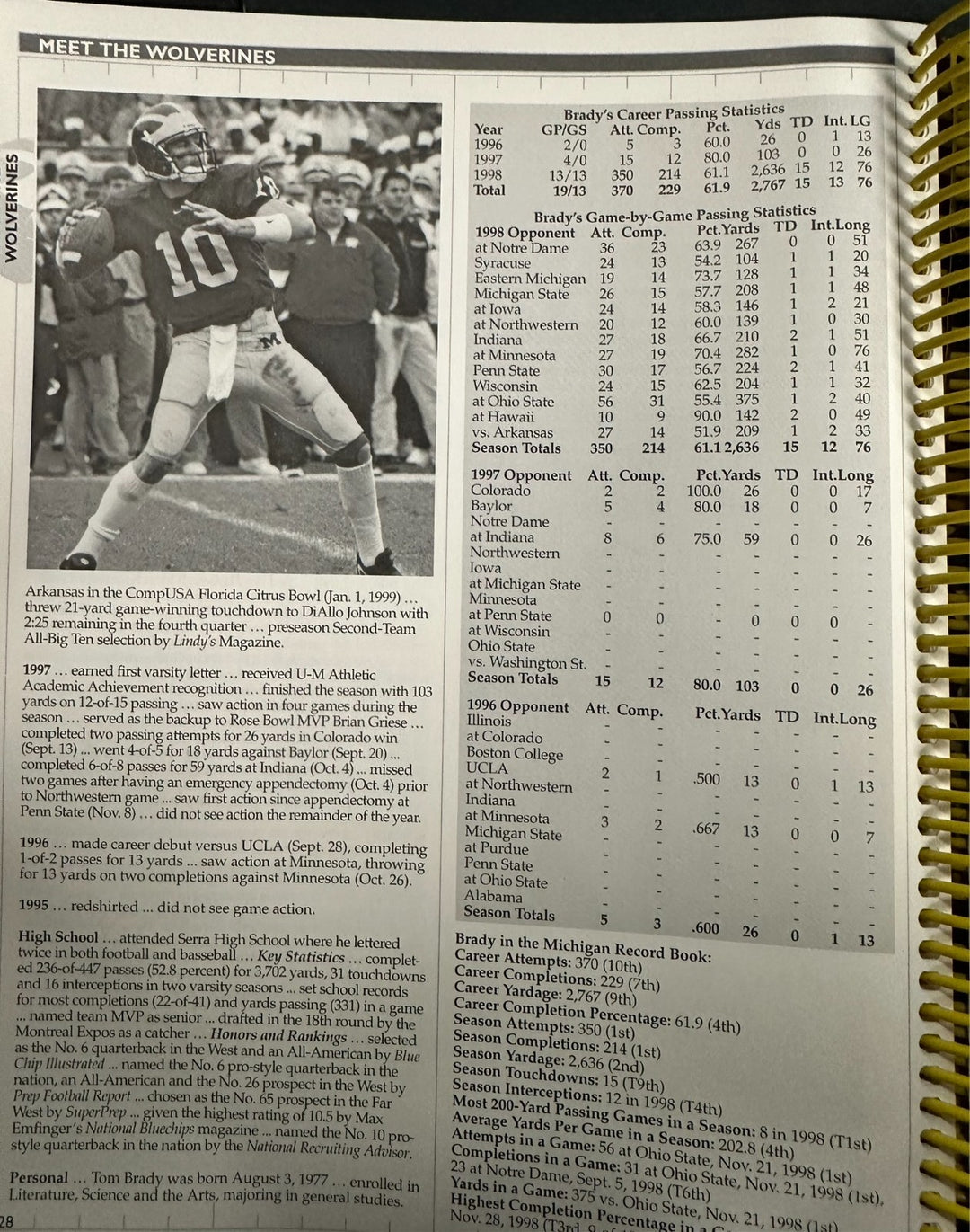 1999 Michigan Football Media Guide Tom Brady Senior Season