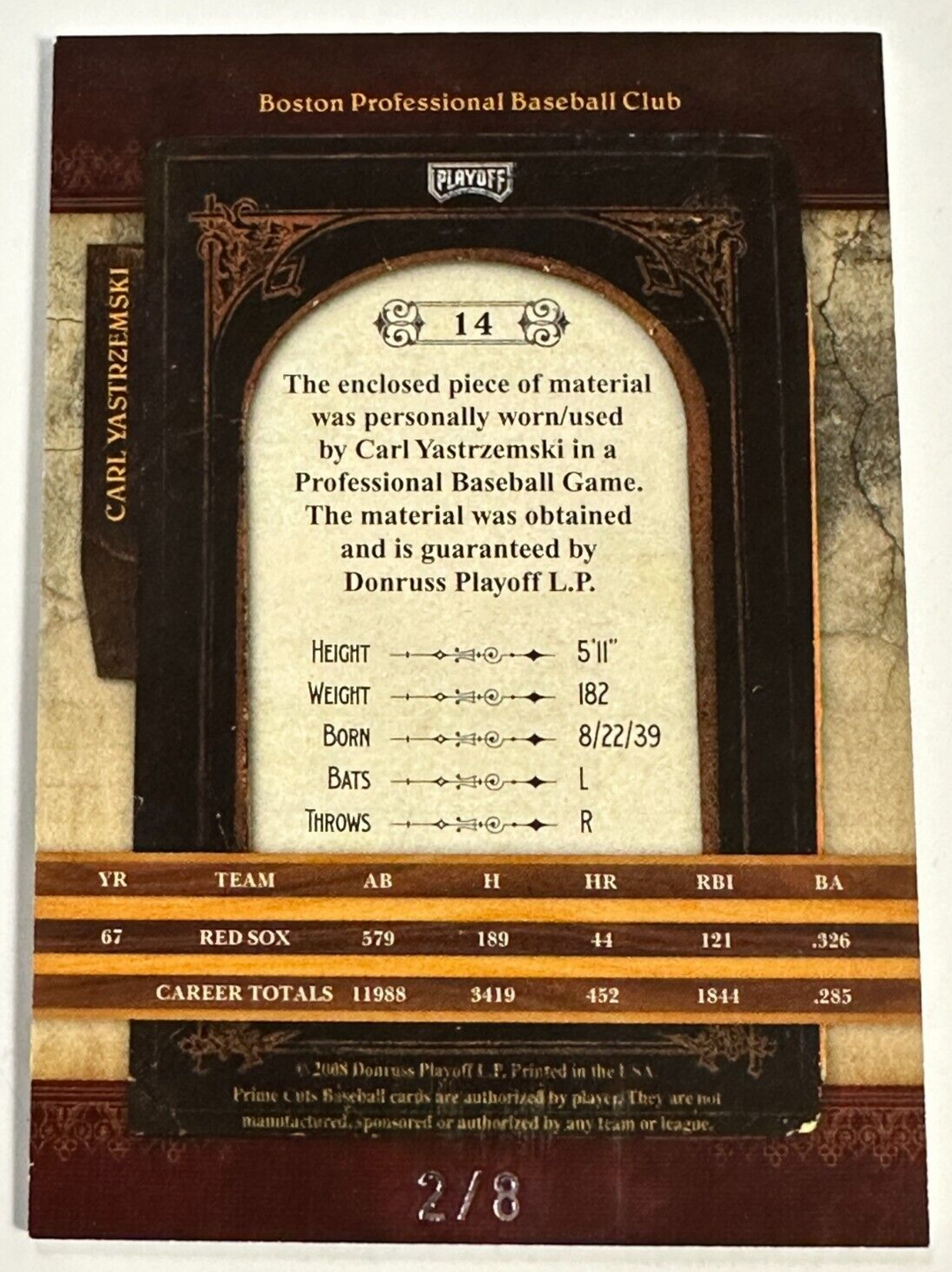 2008 Playoff Prime Cuts Carl Yastrzemski Game Worn Jersey Card 2/8 Red Sox HOF