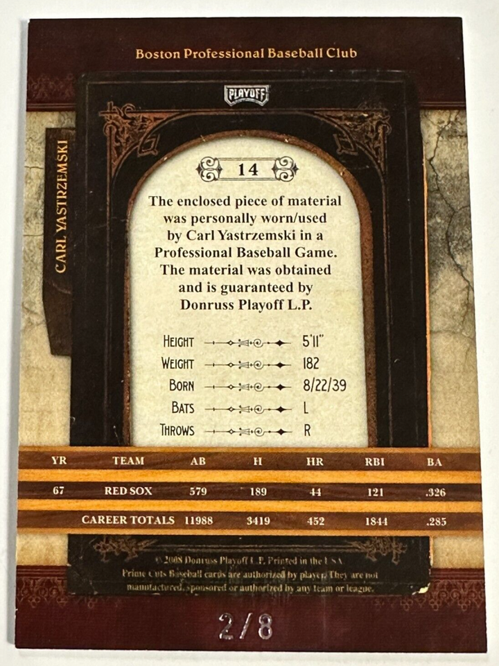 2008 Playoff Prime Cuts Carl Yastrzemski Game Worn Jersey Card 2/8 Red Sox HOF