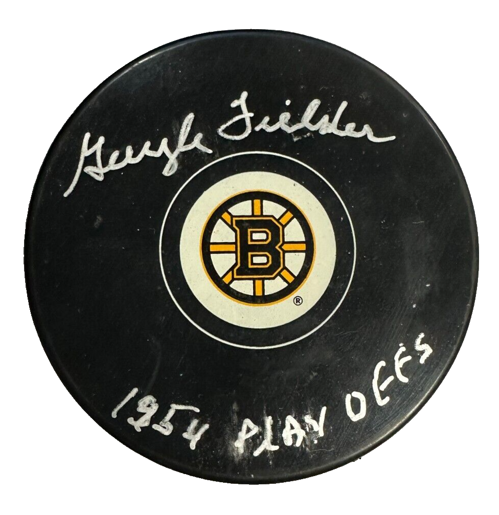 Guyle Fielder Autographed Boston Bruins Hockey Puck W/ 1954 Playoff Insc BAS