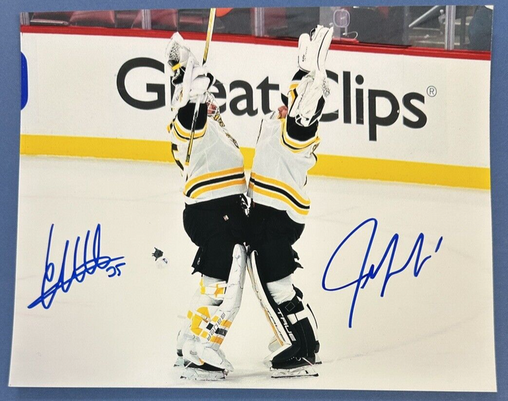 Jeremy Swayman & Linus Ullmark Autographed Boston Bruins Goalie Hug 8x10 Photo