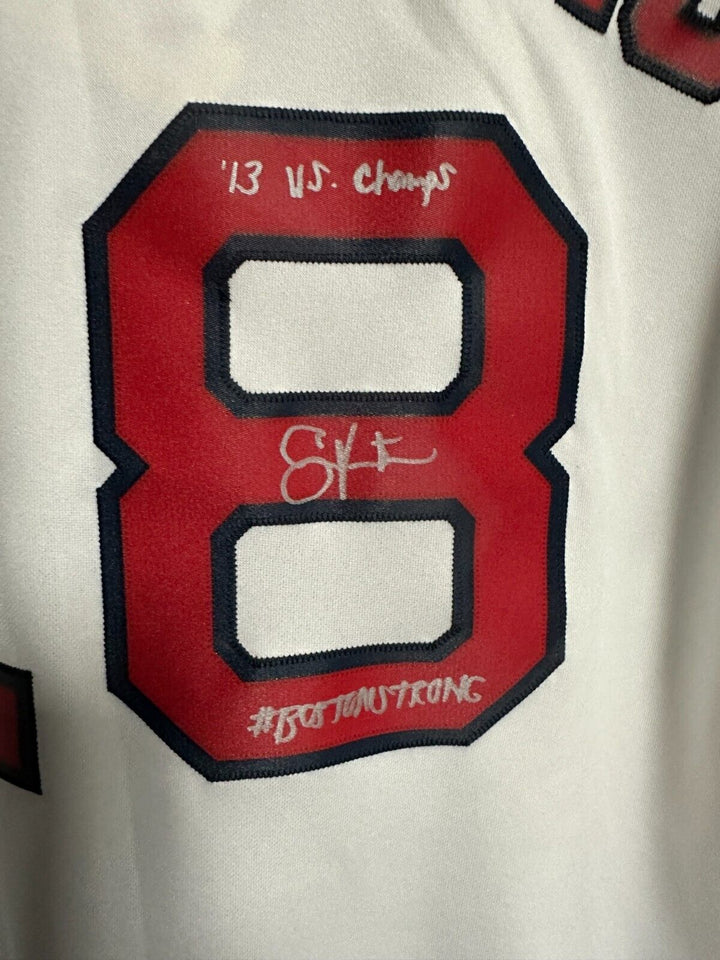 Shane Victorino Signed Boston Red Sox Home Jersey W/ 13 WS Champ & Boston Strong