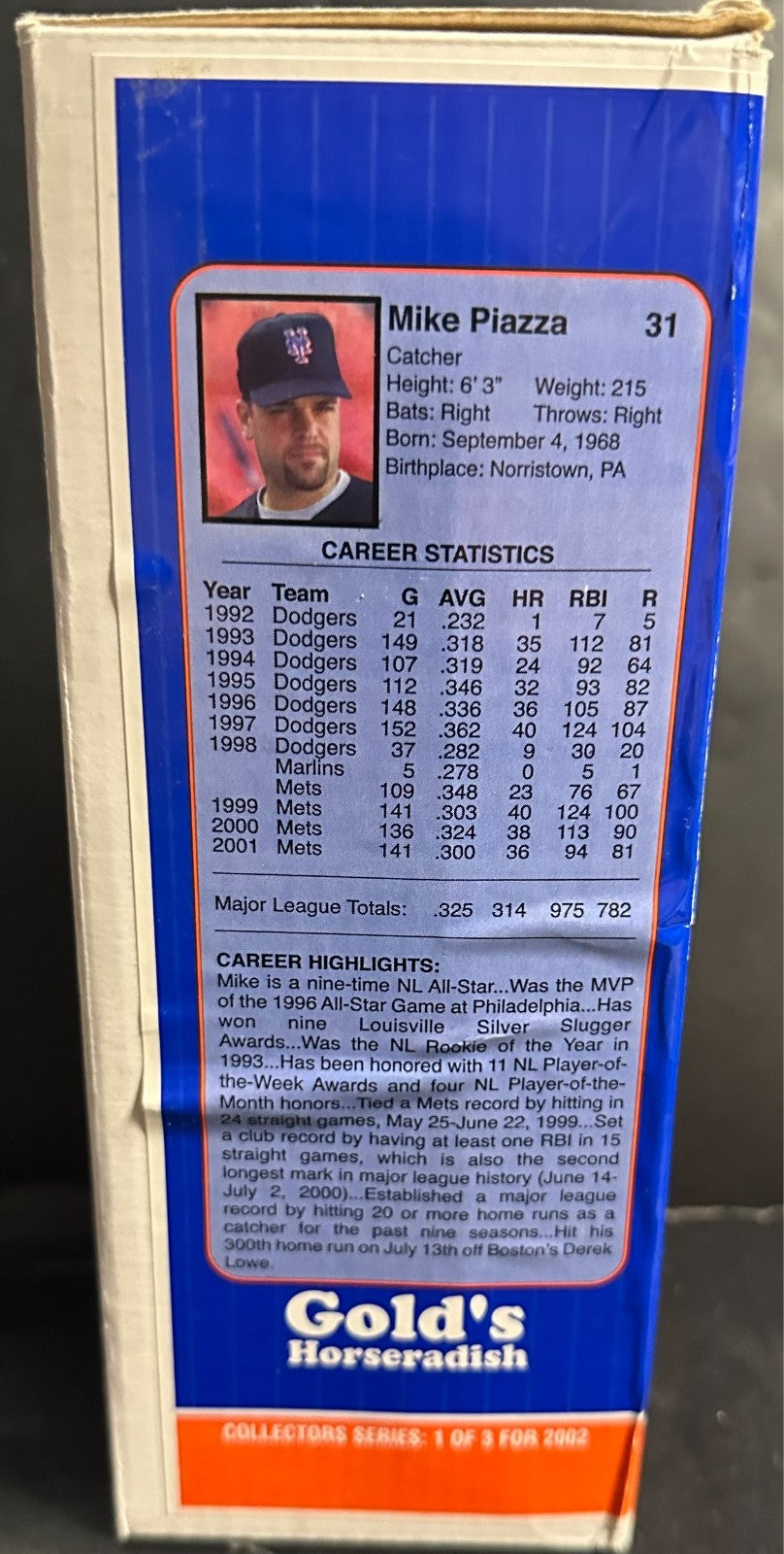 2002 Mike Piazza Bobblehead NY Mets Original Box Gold’s Collectors Series SGA