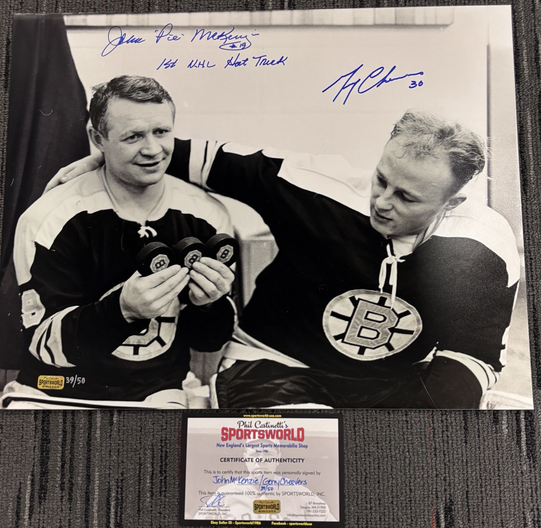 John McKenzie 1st Hat Trick Gerry Cheevers Signed 16x20 Sportsworld COA Bruins