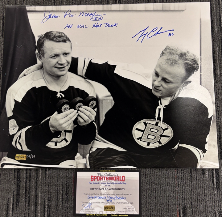 John McKenzie 1st Hat Trick Gerry Cheevers Signed 16x20 Sportsworld COA Bruins
