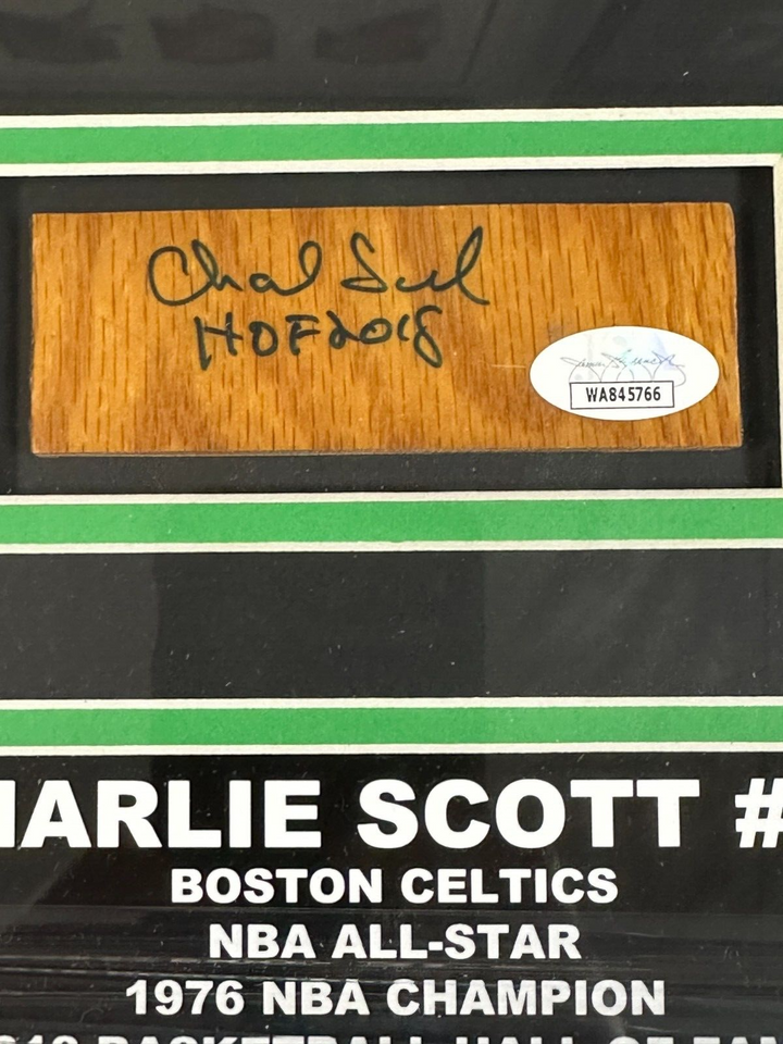 Charlie Scott Signed Boston Graden Parquet Piece & 8x10 Photo Framed Celtics JSA