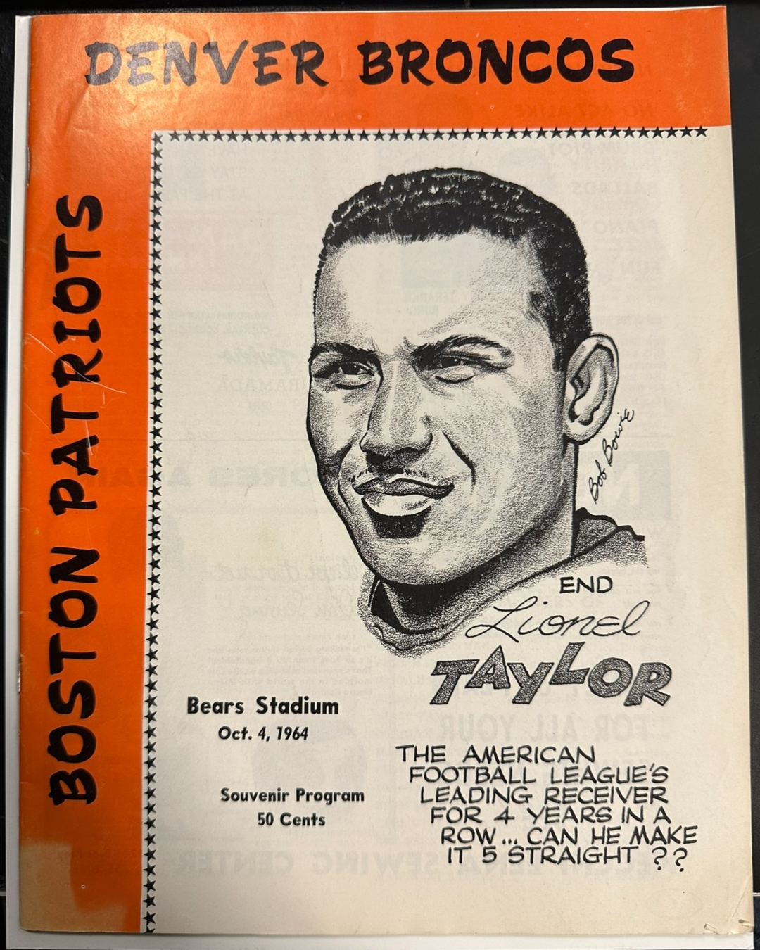 October 4, 1964 Denver Broncos Vs Boston Patriots Program AFL Cappelletti 6 FG's