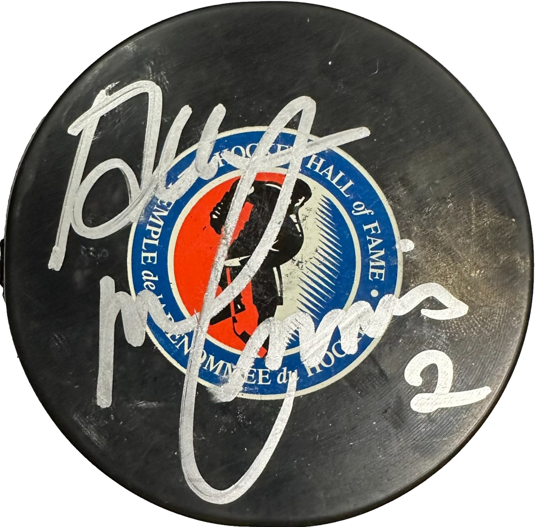 Al MacInnis Autographed Hockey Hall of Fame HOF Puck Flames Blues JSA