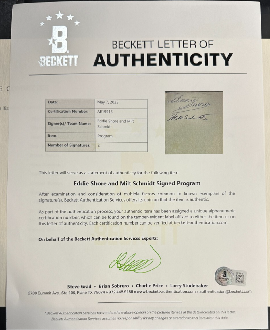 Eddie Shore & Milt Schmidt Signed Milt Schmidt Testimonial Dinner Program BAS