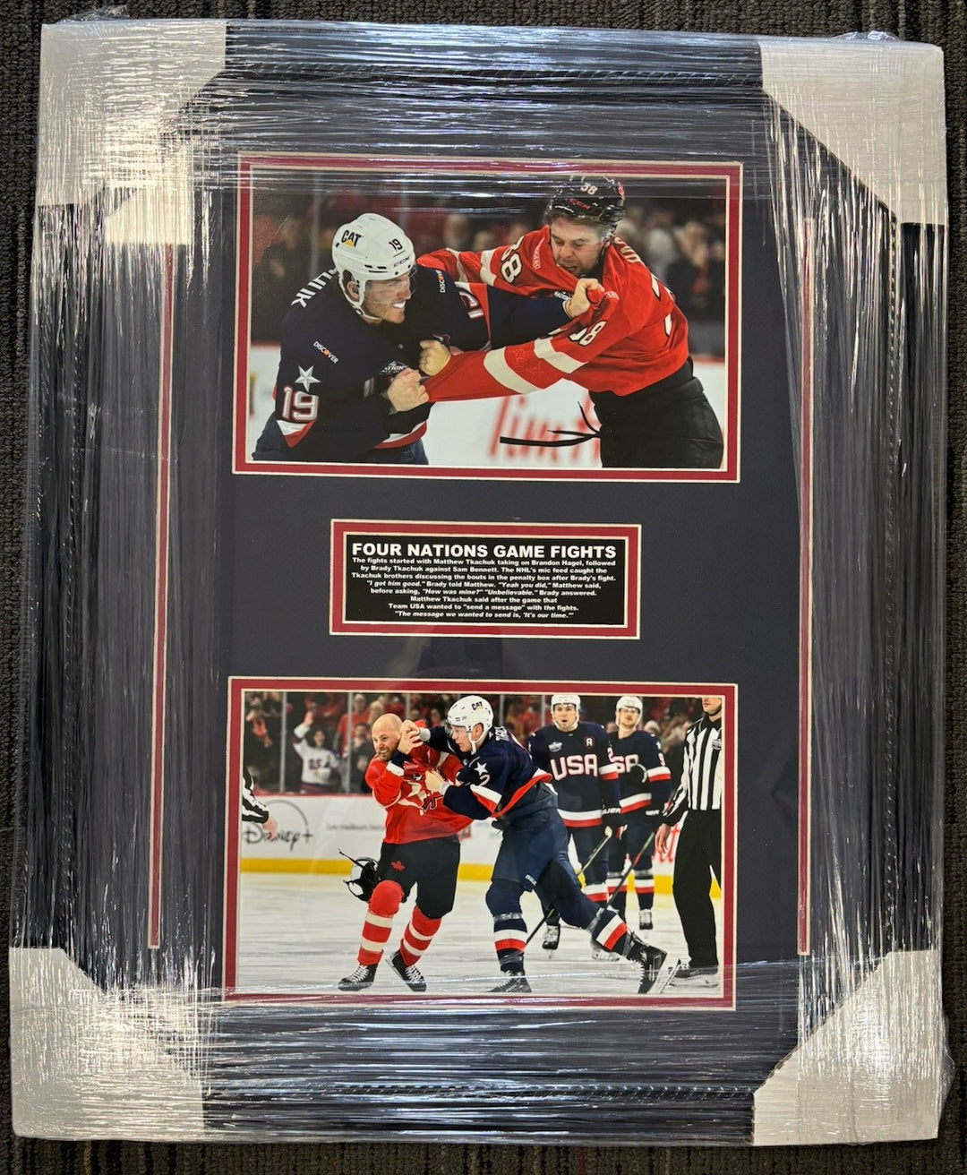 Four Nations Game Fights Matthew Tkachuk & Brandon Hagel 8x10 Photos Framed