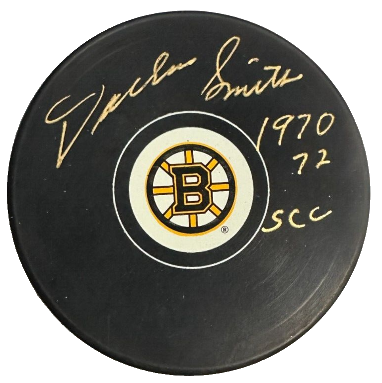 Dallas Smith Autographed Boston Bruins Hockey Puck W/ 1970-72 SCC Insc