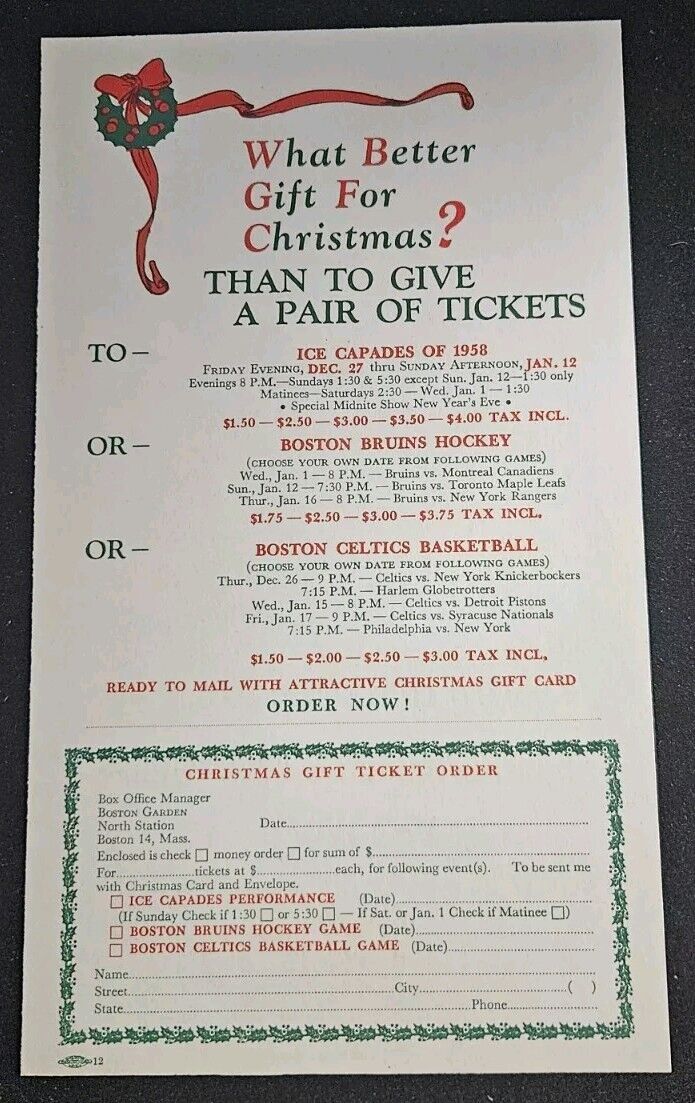 Original 1958 Boston Garden Christmas Gift Insert Boston Bruins Boston Celtics