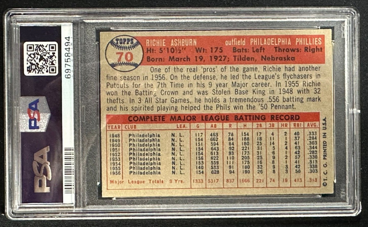 1957 Topps Richie Ashburn Card #70 PSA 7 NM HOF Phillies