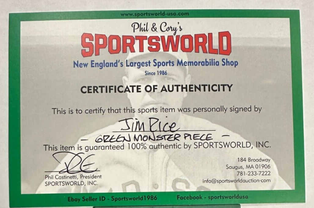 Jim Rice Autographed Authentic Piece of Fenway Park Green Monster W/ MVP 78