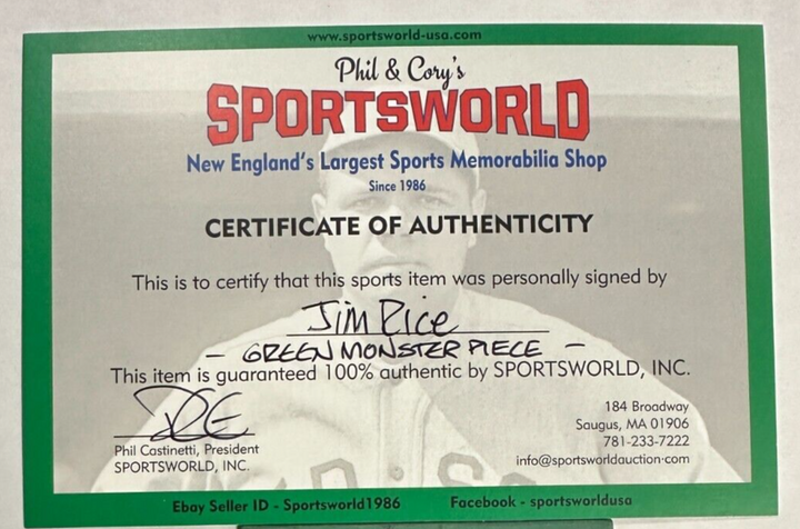 Jim Rice Autographed Authentic Piece of Fenway Park Green Monster W/ MVP 78