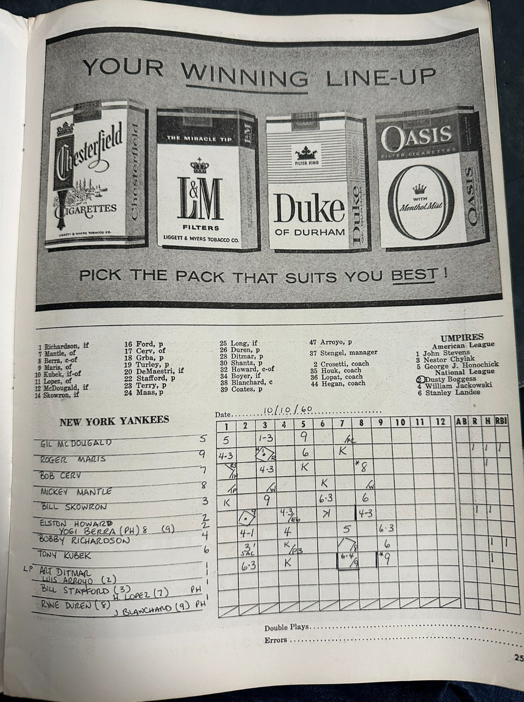 1960 World Series Program New York Yankees & Pittsburgh Pirates Game 5 Scored