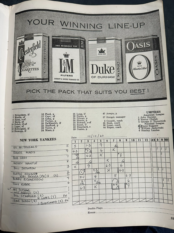 1960 World Series Program New York Yankees & Pittsburgh Pirates Game 5 Scored