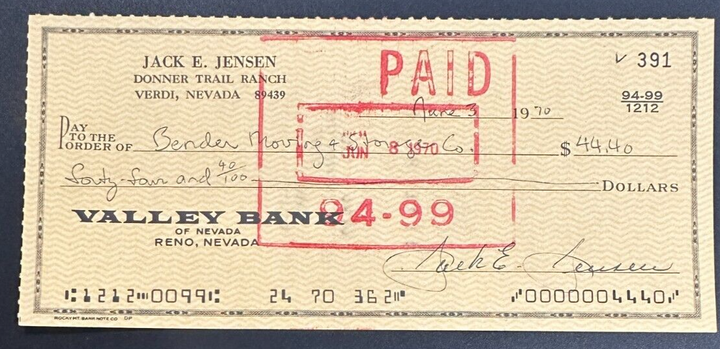 Jackie Jensen Autographed Personal Check Red Sox & Yankees