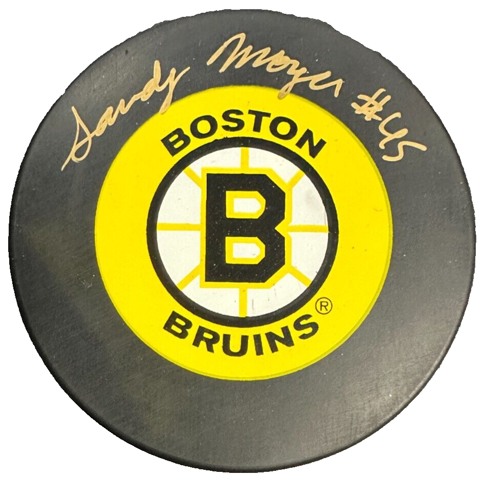 Sandy Moger Autographed Boston Bruins Hockey Puck NHL