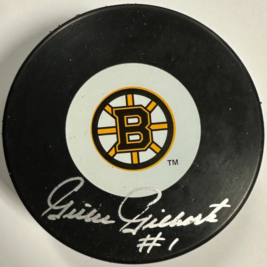 Gilles Gilbert Autographed Boston Bruins Hockey Puck NHL