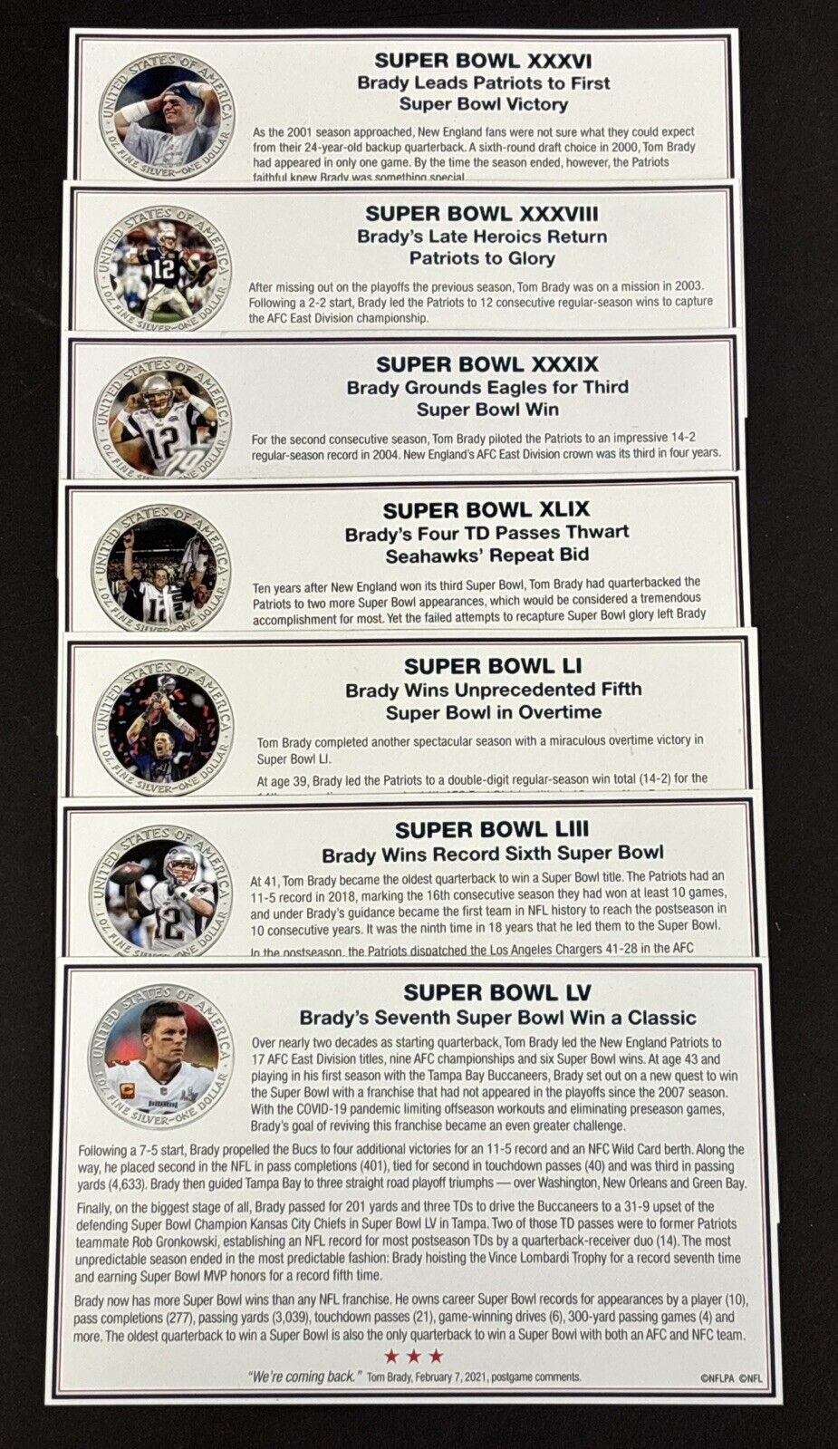 PCS Silver Eagle 7 Coin Set Tom Brady Super Bowl Championships 361/1200