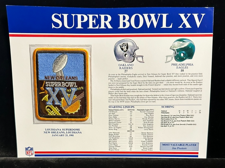 NFL Super Bowl Patch Willabee & Ward Collection SB XV Raiders vs Eagles