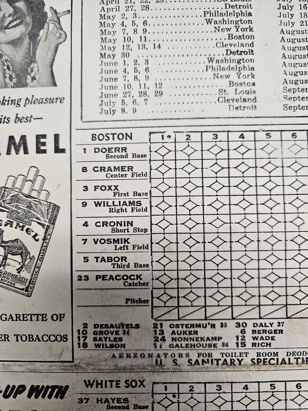 1939 Chicago White Sox Vs. Boston Red Sox Program Ted Williams Rookie Season