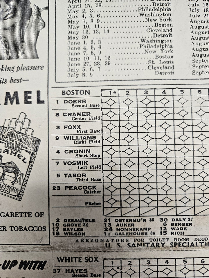 1939 Chicago White Sox Vs. Boston Red Sox Program Ted Williams Rookie Season