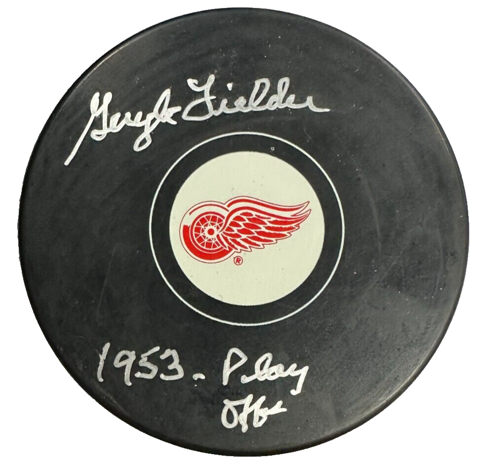 Guyle Fielder Autographed Detroit Red Wings Hockey Puck W/ 1953 Playoffs Insc