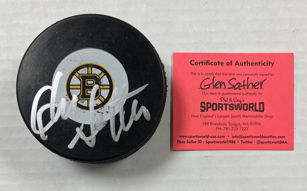 Glen Sather Signed Puck Autographed Boston Bruins