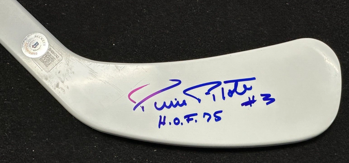 Pierre Pilote Autographed Mini Hockey Stick W/ HOF 75 Insc Black Hawks +
