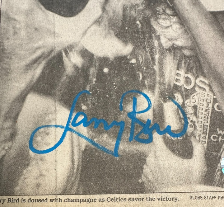 Larry Bird Autographed 6/9/1986 Issue of the Boston Globe World Champions