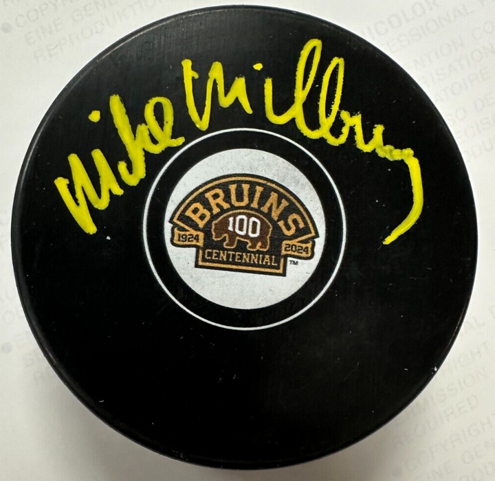 Mike Milbury Autographed Boston Bruins 100th Anniversary Puck NHL