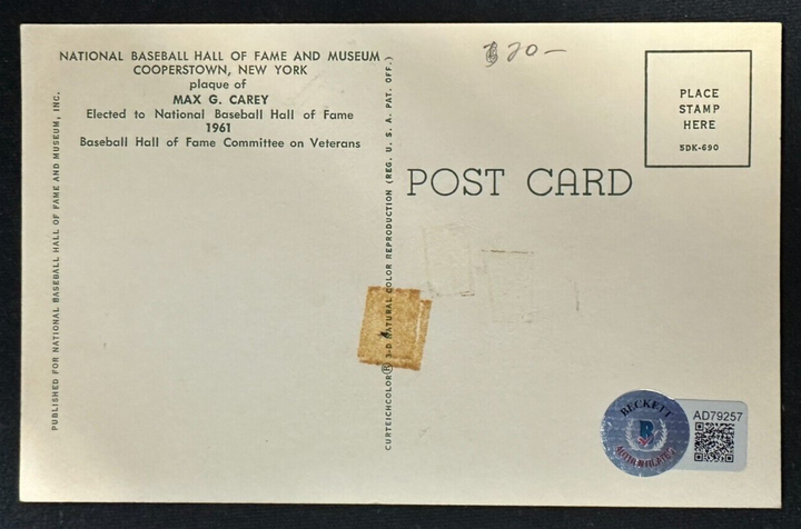 Max Carey Autographed MLB Hall Of Fame Postcard Pirates Dodgers BAS