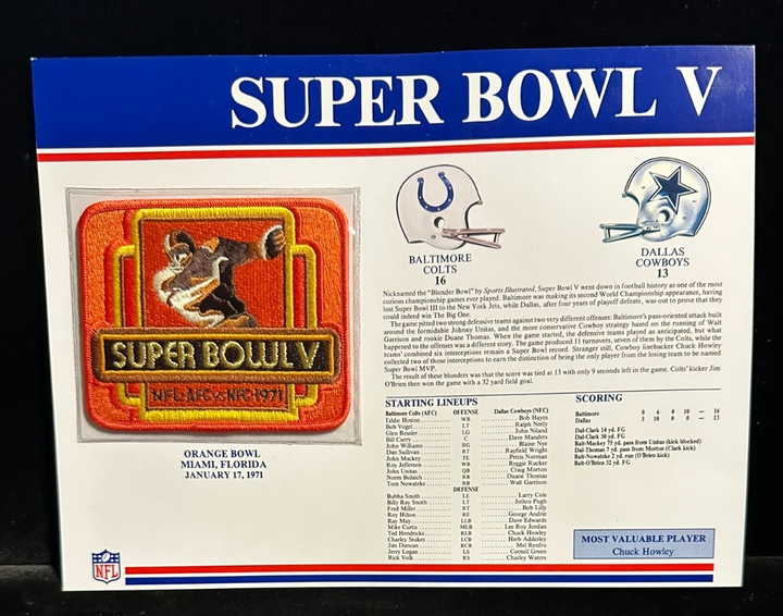 NFL Super Bowl Patch Willabee & Ward Collection SB V Colts Vs Cowboys
