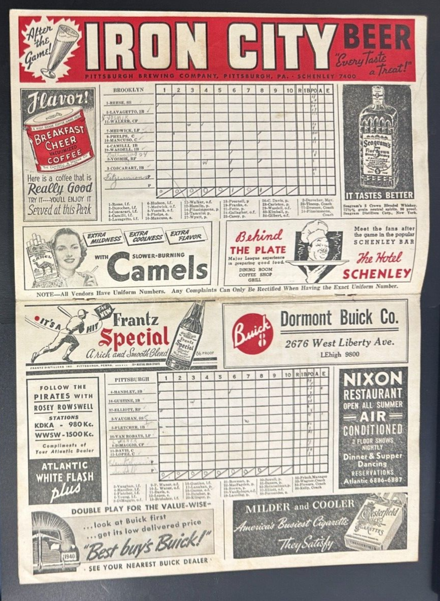 July 14, 1940 Pittsburgh Pirates Vs Dodgers Program Scored 2-0 Dodgers