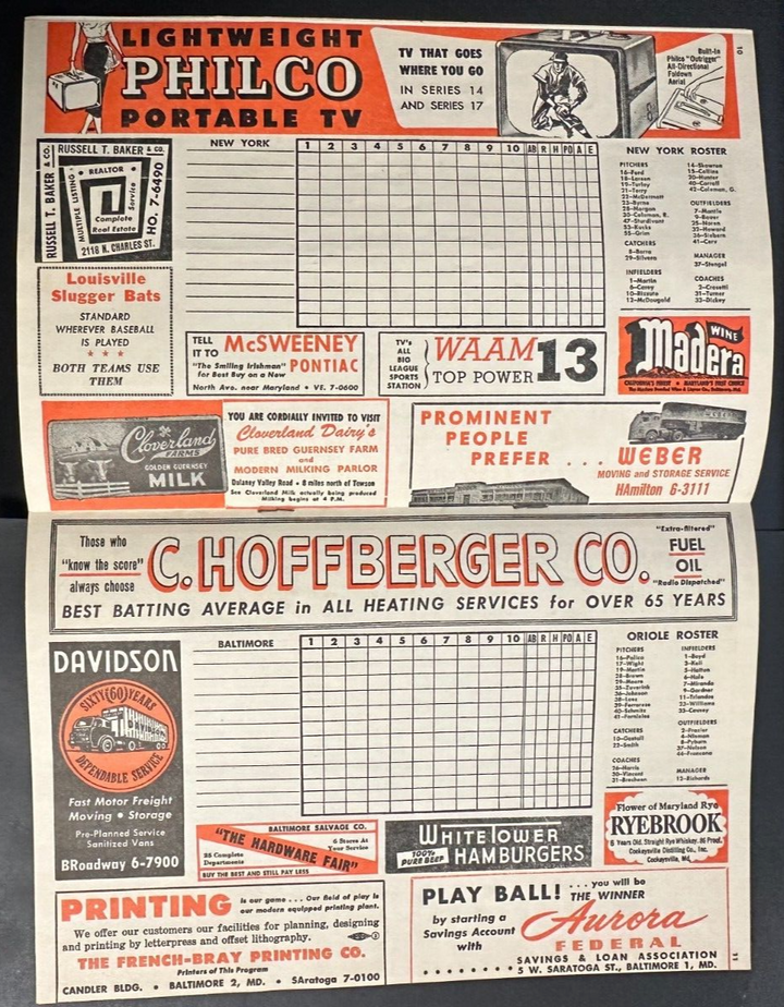 1956 Baltimore Orioles Vs. the New York Yankees Scorecard